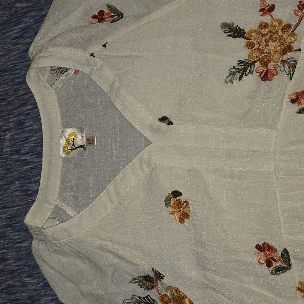 Fig and Flower Women's Embroidered Floral Print Dress Ivory Size Petite L - Picture 3 of 9